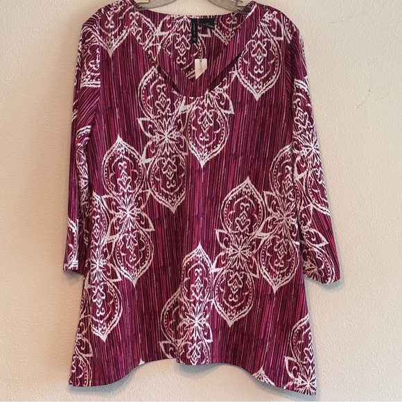 NWT New Direction Women's Maroon Pink White Pattern 3/4 Sleeve Blouse Size XL - Picture 1 of 11